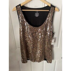 New York & Company Women's Black/Cheetah Metallic Stretch Tank Top, Size XL